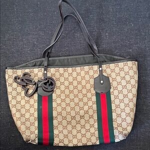 Gucci Beige Brown GG Canvas Tote with Green and Red Stripes